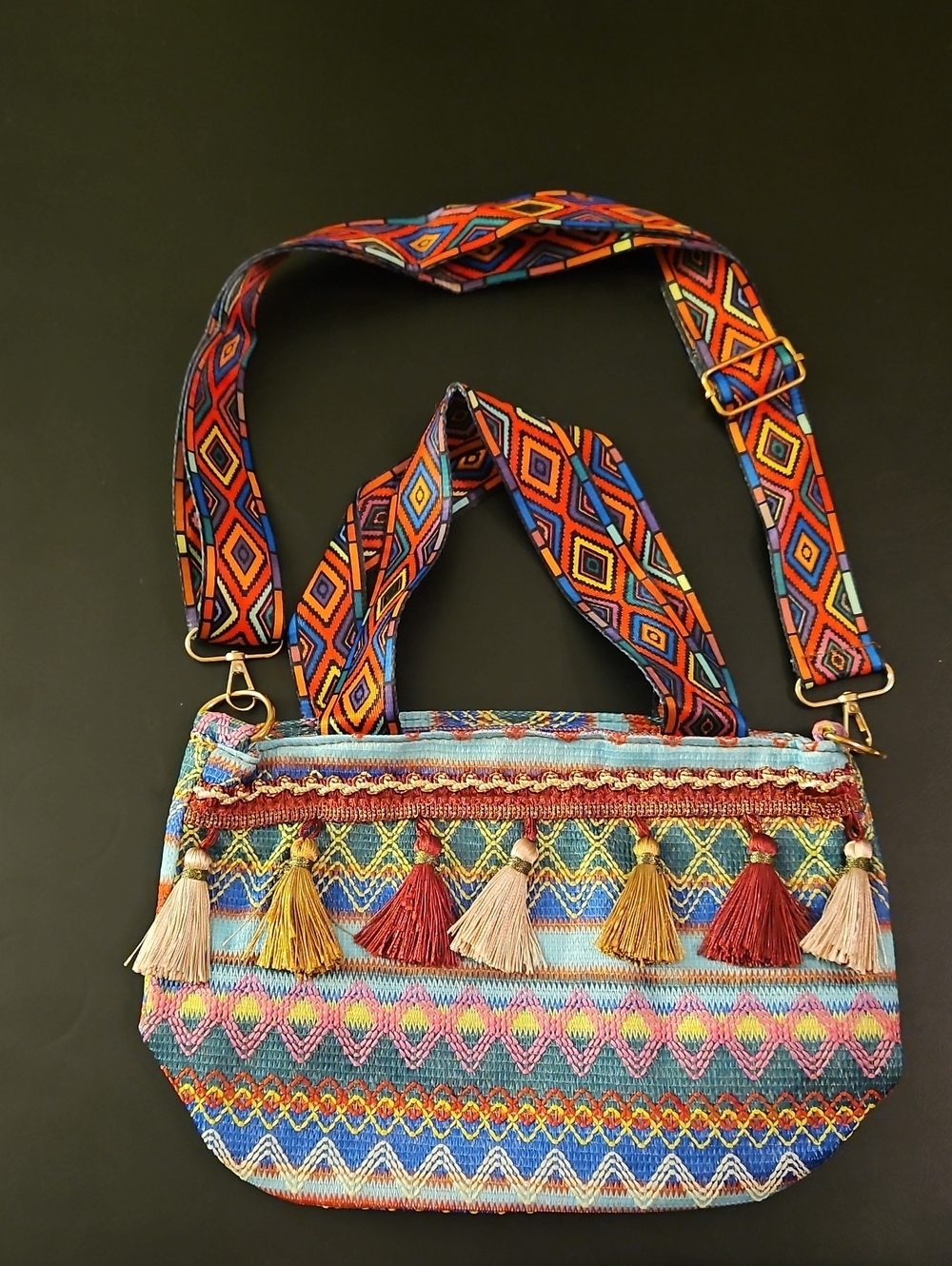 Boho Tassel Embroidered Crossbody Bag - Multicolor